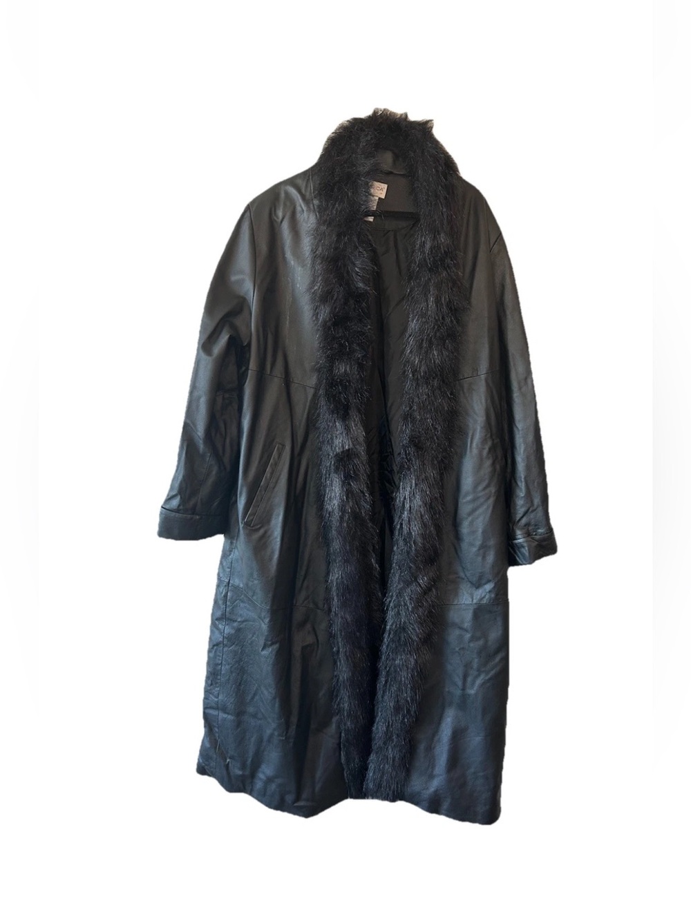 Vintage Black Leather Faux Fur Trim Long Duster Jacket Penny Lane Coat 20W Goth